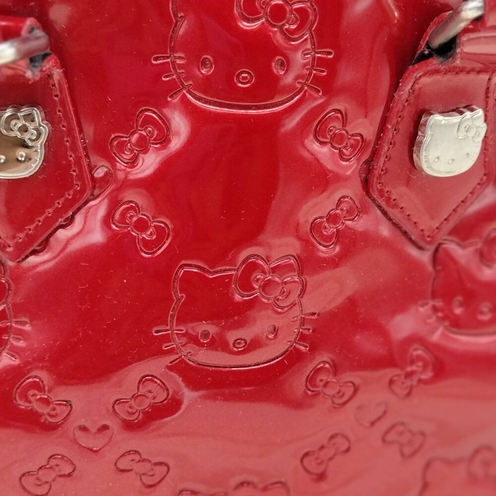 Hello Kitty Loungefly Red Patent Embossed Bowler Handbag Bow Charm Medium - Picture 8 of 10